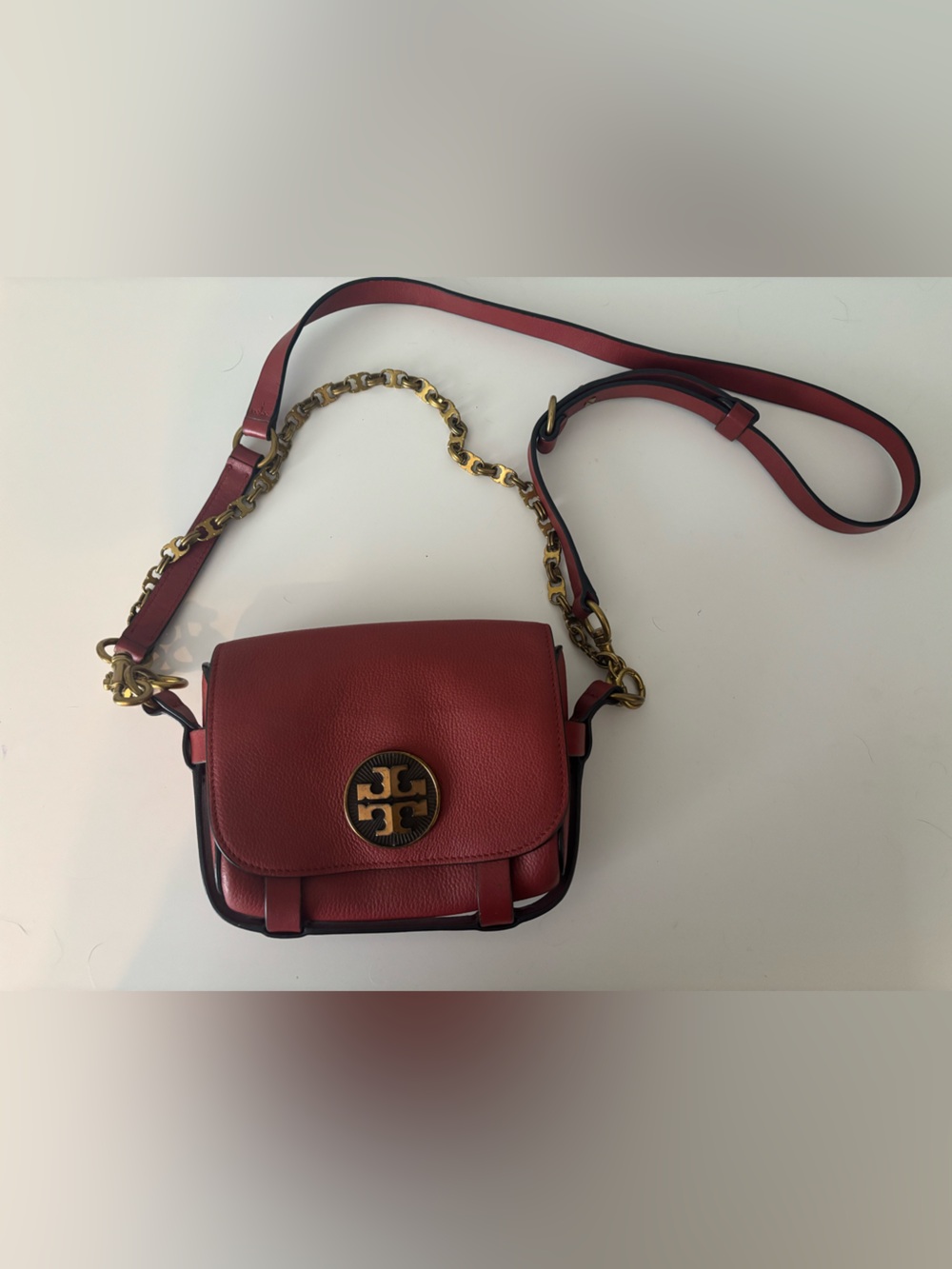 Tory Burch Red Pebbled Leather Crossbody with Gold Chain and red leather strap